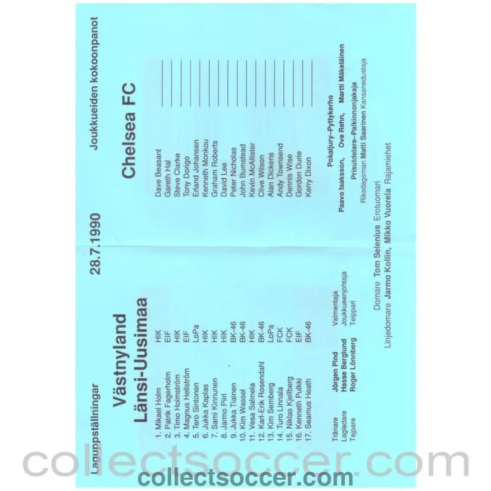 1990 - Vastnyland v Chelsea Football Programme 28/07/1990 with Teamsheet - Collect Soccer