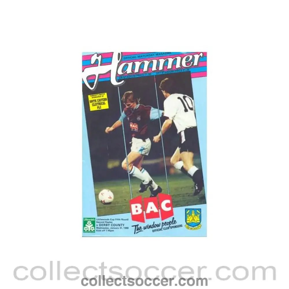 1990 - West Ham United v Derby County official programme 31/01/1990 Littlewoods Cup - Collect Soccer