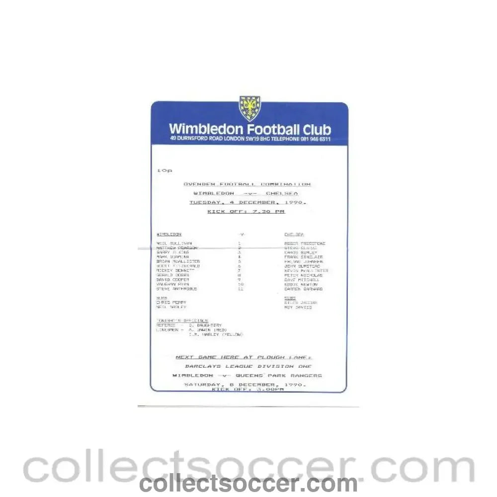 1990 - Wimbledon v Chelsea official teamsheet 04/12/1990