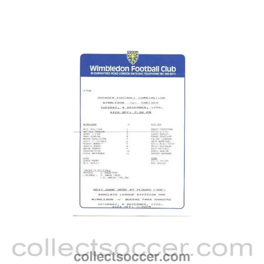 1990 - Wimbledon v Chelsea official teamsheet 04/12/1990