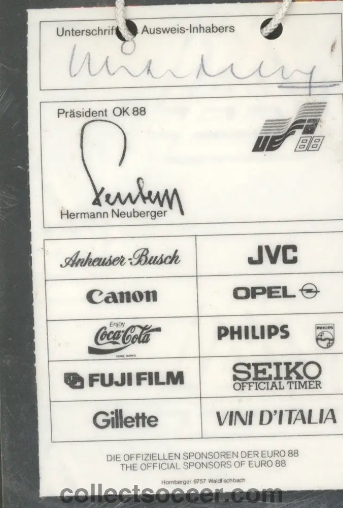 1990 World Cup England’s Goalkeeping Coach Michael Kelly’s Official Accreditation.