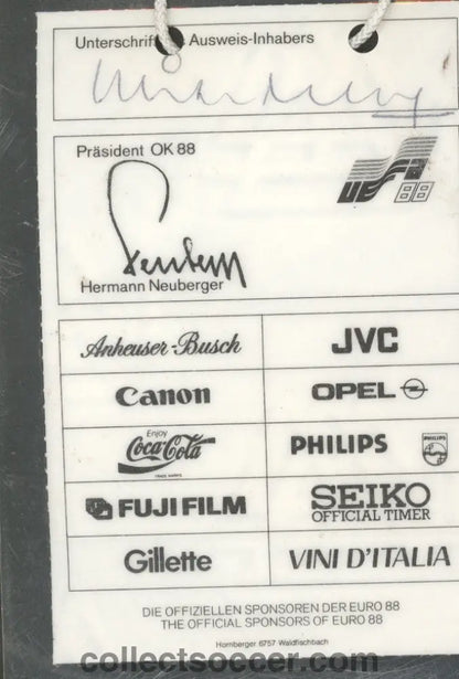 1990 World Cup England’s Goalkeeping Coach Michael Kelly’s Official Accreditation.