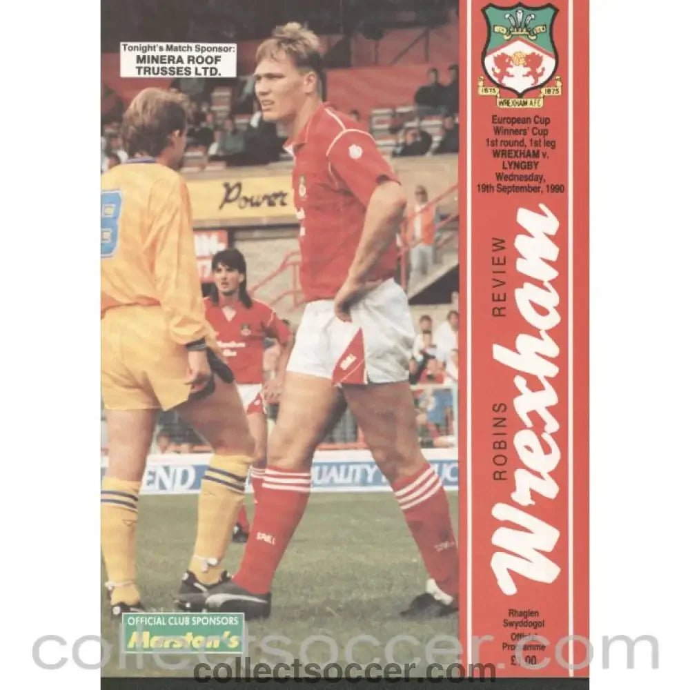 1990 - Wrexham v Lyngby Cup Winners Cup 1st Round 1st Leg Official Football Programme - Collect Soccer