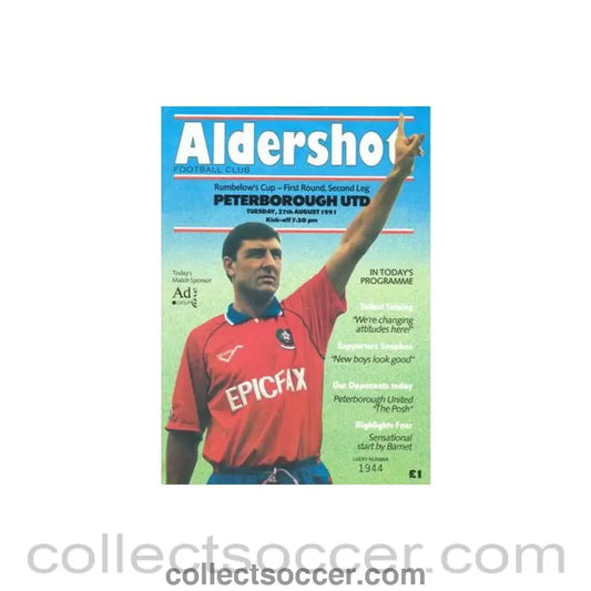 1991 - Aldershot Town v Peterborough United official programme 27/08/1991 Rumbelows Cup