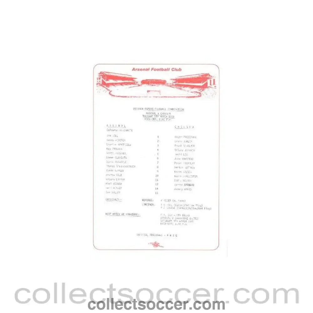 1991 - Arsenal v Chelsea official teamsheet 05/03/1991 Reserves