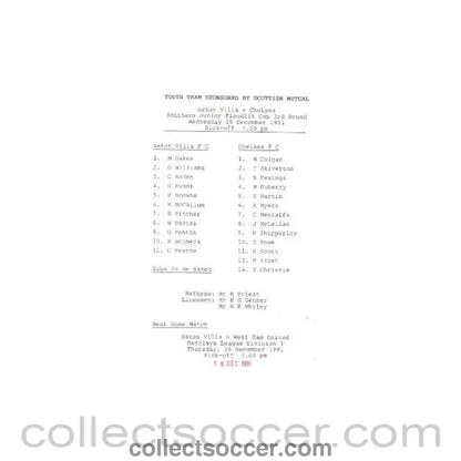 1991 - Aston Villa vChelsea official programme 19/12/1991 Youth Teams, Southern Junior Flood Light Cup - Collect Soccer