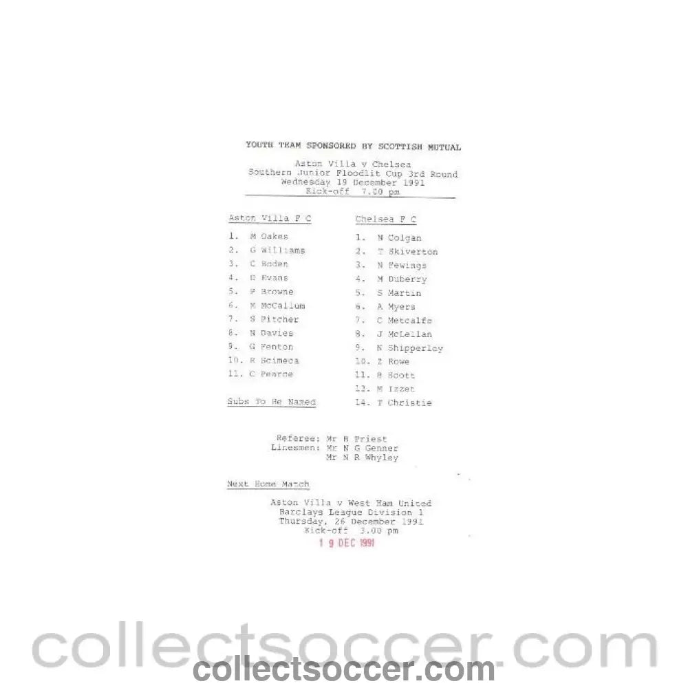 1991 - Aston Villa vChelsea official programme 19/12/1991 Youth Teams, Southern Junior Flood Light Cup - Collect Soccer
