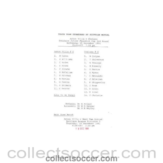 1991 - Aston Villa vChelsea official programme 19/12/1991 Youth Teams, Southern Junior Flood Light Cup - Collect Soccer