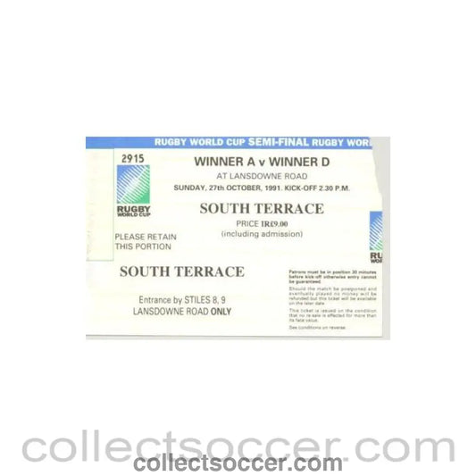 1991 - Australia v New Zealand rugby ticket semi-final 27/10/1991