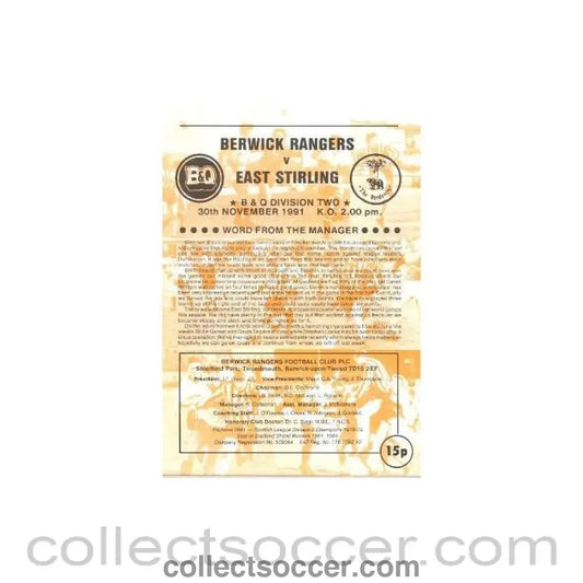 1991 - Berwick Rangers v East Sterling official programme 30/11/1991 Scottish League - Collect Soccer