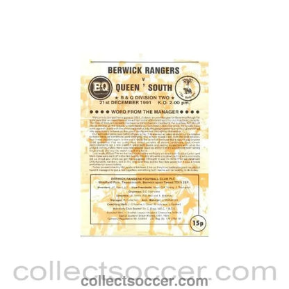 1991 - Berwick Rangers v Queen of the South official programme 21/12/1991 Scottish League - Collect Soccer