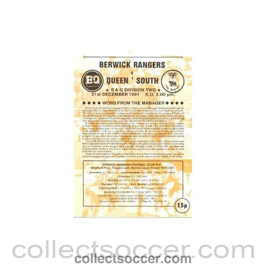 1991 - Berwick Rangers v Queen of the South official programme 21/12/1991 Scottish League - Collect Soccer