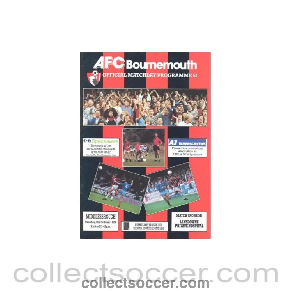1991 - Bournemouth v Middlesbrough official programme 08/10/1991 Rumbelows League Cup