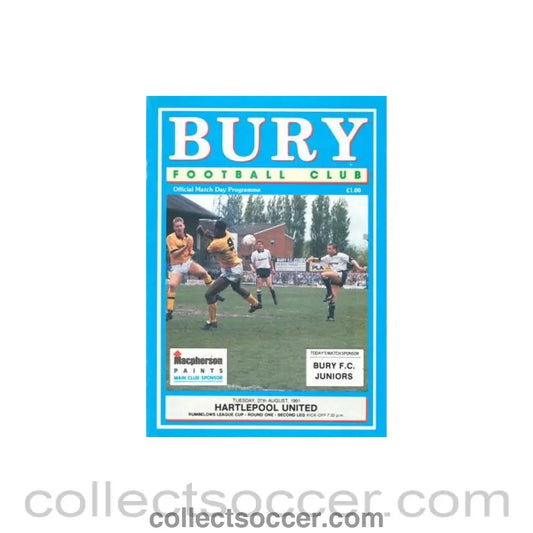 1991 - Bury v Hartlepool United official programme 27/08/1991 Rumbelows League