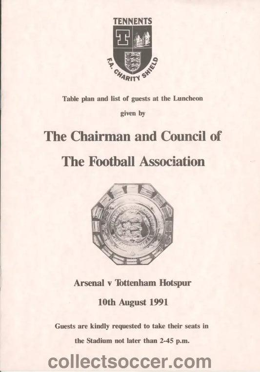 1991 Charity Shield Arsenal v Tottenham Hotspur Programme of Arrangements