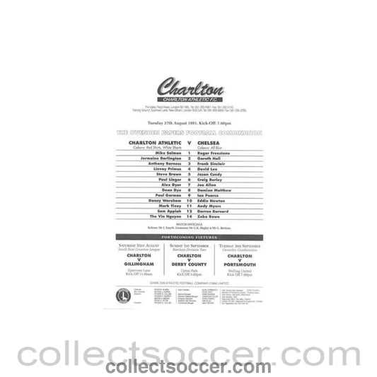1991 - Charlton Athletic v Chelsea Reserves official teamsheet 27/08/1991 Football Combination - Collect Soccer