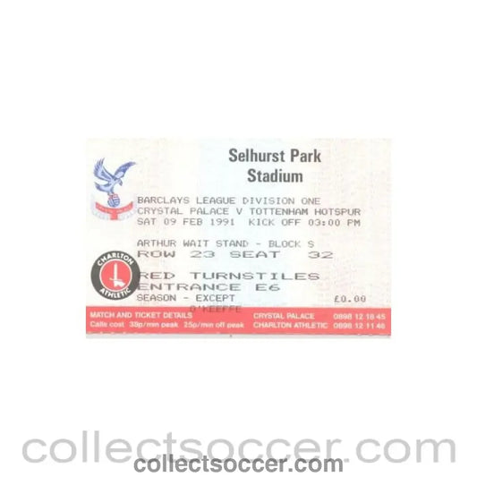 1991 - Charlton Athletic v Crystal Palace ticket 09/02/1991