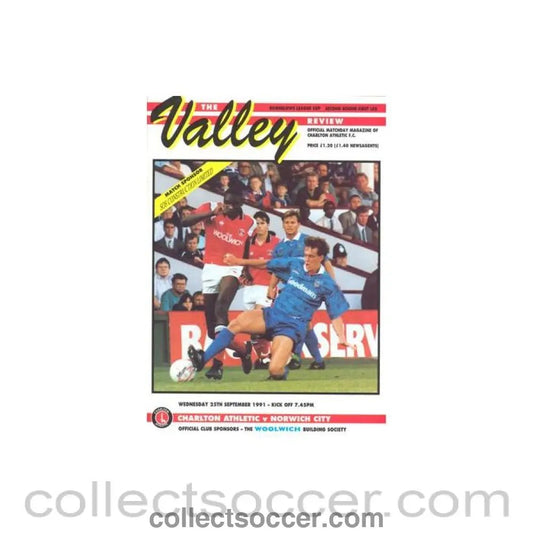 1991 - Charlton Athletic v Norwich City official programme 25/09/1991 Rumbelows League Cup - Collect Soccer