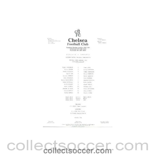 1991 - Chelsea v Arsenal official teamsheet 29/01/1991