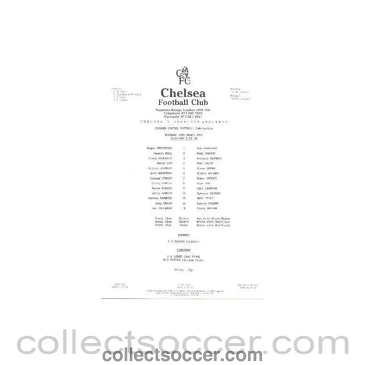 1991 - Chelsea v Charlton Athletic official teamsheet 12/03/1991 - Collect Soccer