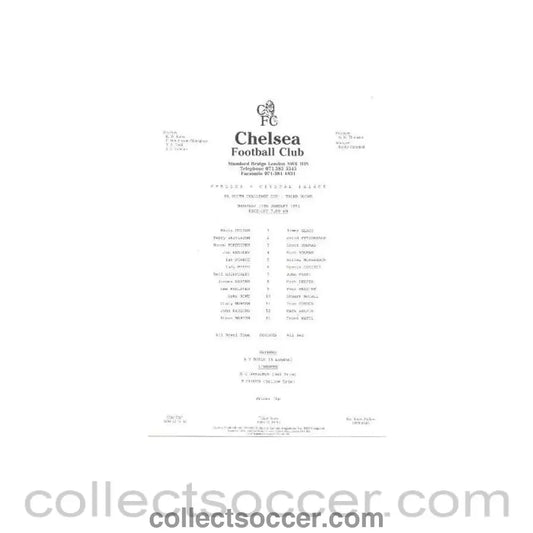 1991 - Chelsea v Crystal Palace official teamsheet 17/01/1991 - Collect Soccer