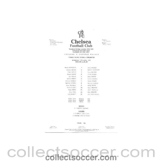1991 - Chelsea v Crystal Palace Reserves official teamsheet 17/04/1991 Football Combination - Collect Soccer