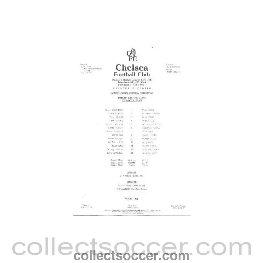 1991 - Chelsea v Fulham official teamsheet 15/04/1991