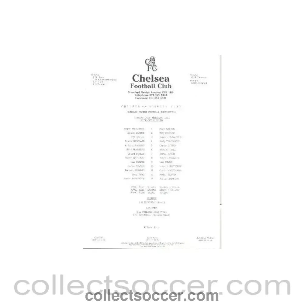 1991 - Chelsea v Norwich official teamsheet 26/02/1991 - Collect Soccer