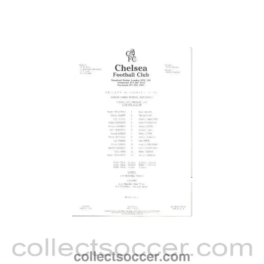 1991 - Chelsea v Norwich official teamsheet 26/02/1991 - Collect Soccer