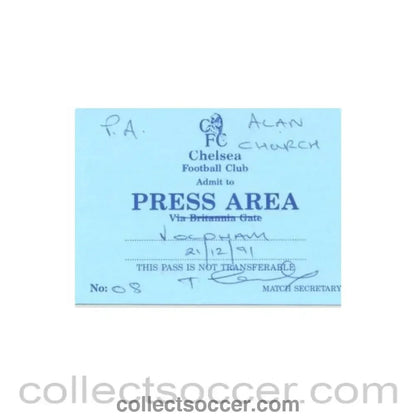 1991 - Chelsea v Oldham Atletic press pass 21/12/1991 - Collect Soccer