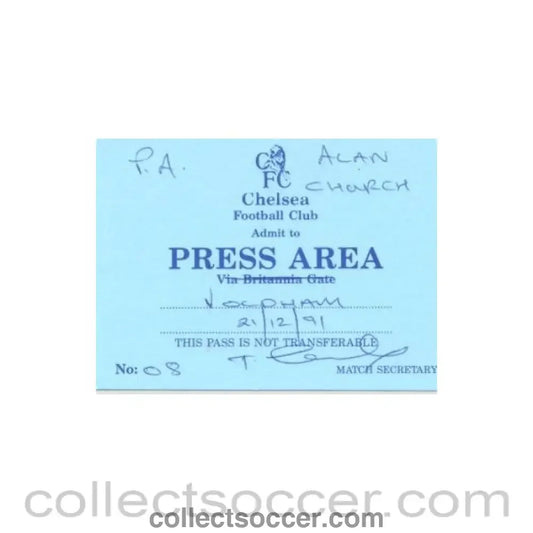 1991 - Chelsea v Oldham Atletic press pass 21/12/1991