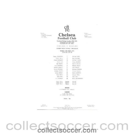 1991 - Chelsea v Reading official teamsheet 19/03/1991