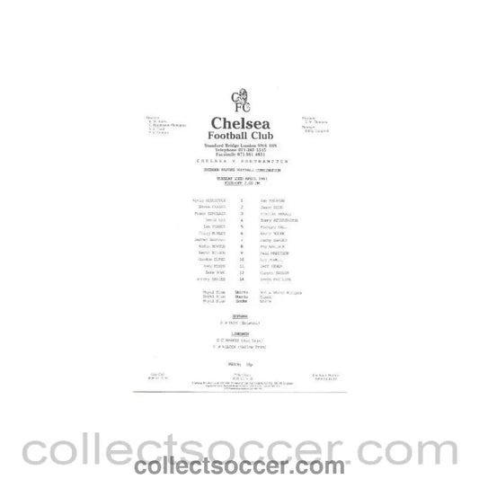 1991 - Chelsea v Sothampton official teamsheet 23/04/1991 - Collect Soccer