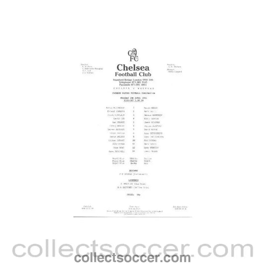 1991 - Chelsea v Watford official teamsheet 02/04/1991