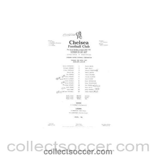 1991 - Chelsea v Watford Reserves official teamsheet 02/04/1991 Football Combination - Collect Soccer