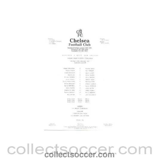 1991 - Chelsea v Wet Ham United official teamsheet 19/02/1991 - Collect Soccer