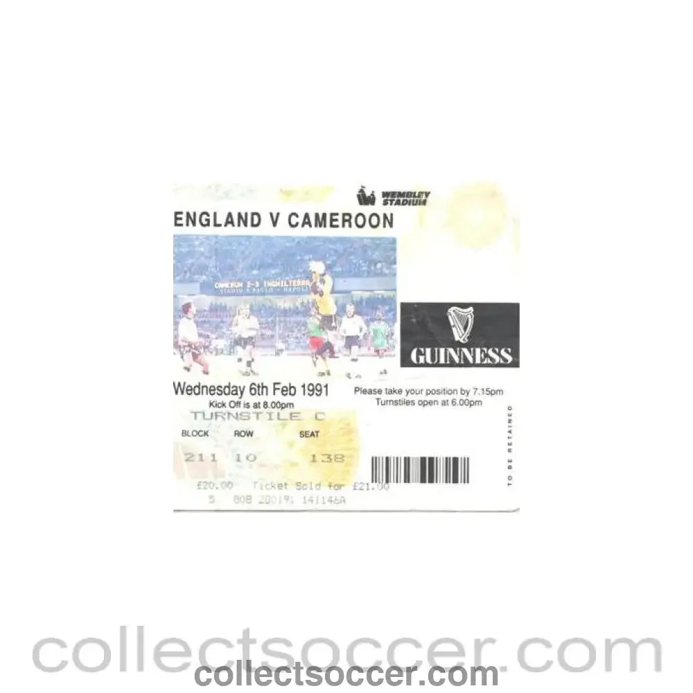 1991 - England v Cameroon ticket 06/02/1991 at Wembley