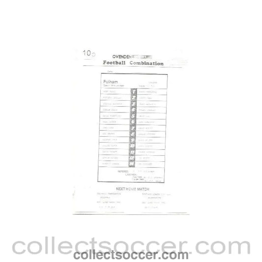 1991 - Fulham v Chelsea official teamsheet 13/03/1991 Reserves