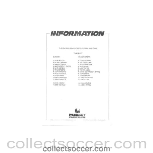 1991 - Guisley v Wimborne Town official teamsheet 1991 - 1992 F.A. Challenge Vase Final - Collect Soccer