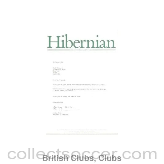 1991 - Hibernian letter of 10/08/1991