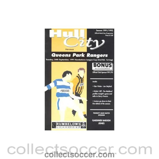 1991 - Hull City v Queen's Park Rangers official programme 24/09/1991 Rumbelows League Cup - Collect Soccer