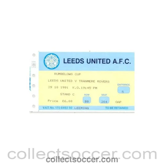 1991 - Leeds v Tranmere Rovers ticket 29/10/1991 - Collect Soccer