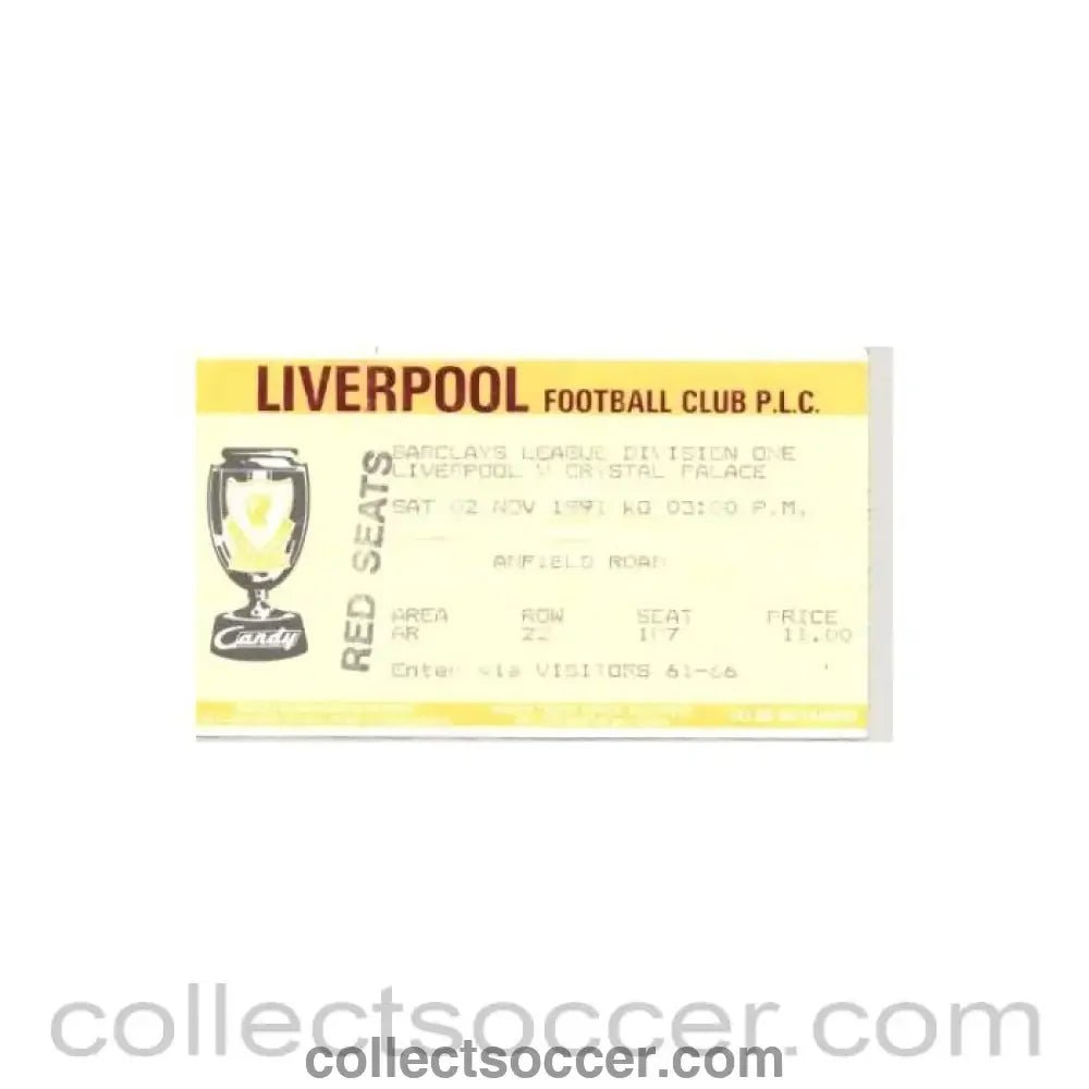 1991 - Liverpool v Crystal Palace ticket 02/11/1991 - Collect Soccer