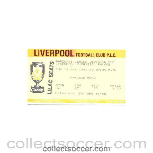 1991 - Liverpool v Crystal Palace ticket 23/04/1991