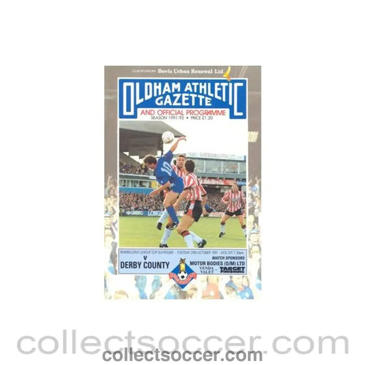 1991 - Oldham Athletic v Derby County official programme 29/10/1991 Rumbelows League Cup - Collect Soccer
