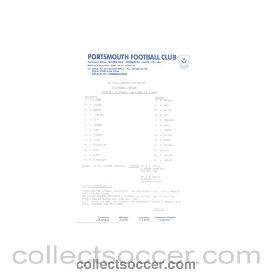 1991 - Portsmouth v Chelsea Reserves official teamsheet 12/10/1991 Football Combination, reduced price - Collect Soccer