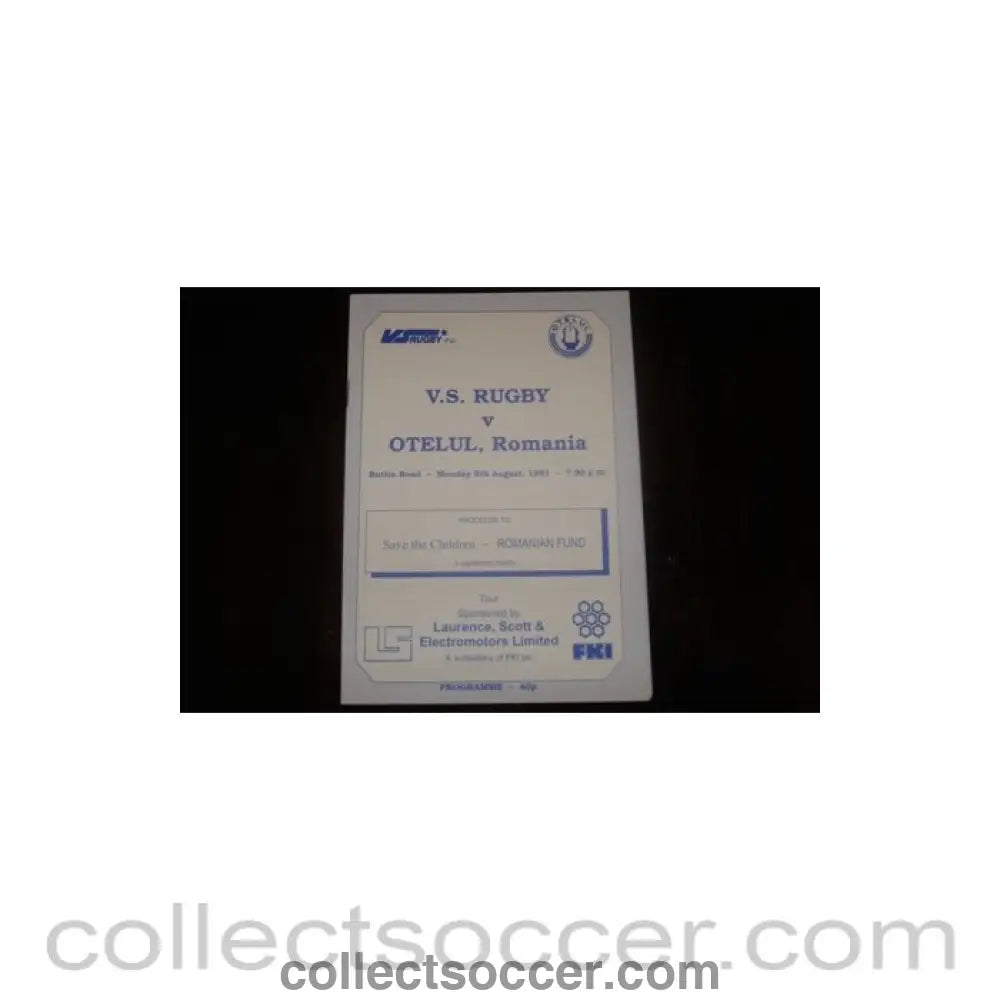 1991 - Rugby v OTELUL, Romania official programme 05/08/1991, Semi - Professional International - Collect Soccer