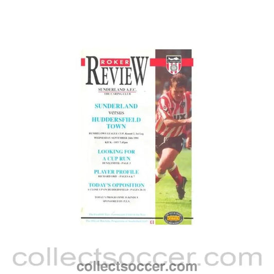 1991 - Sunderland v Huddersfield Town official programme 24/09/1991 Rumbelows League Cup - Collect Soccer