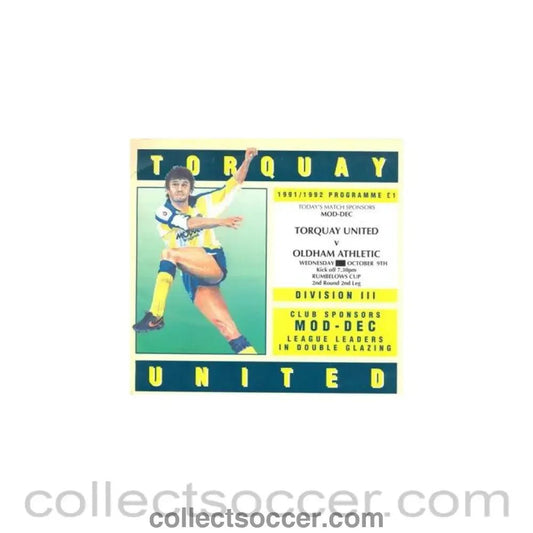 1991 - Torquay United v Oldham Athletic official programme 09/10/1991 Rumbelows League Cup - Collect Soccer