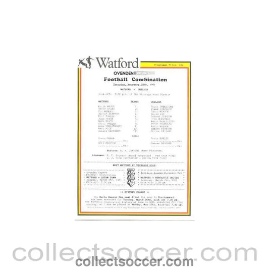 1991 - Watford v Chelsea official teamsheet 28/02/1991